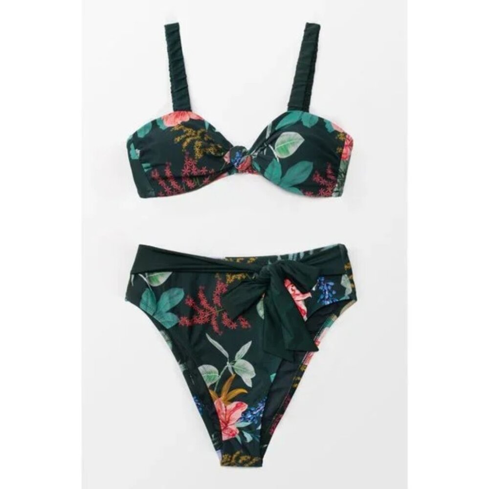 NEW Green Mara Knotted Leafy Floral High Waisted Bohemian Boho Bikini Swim Suit‎